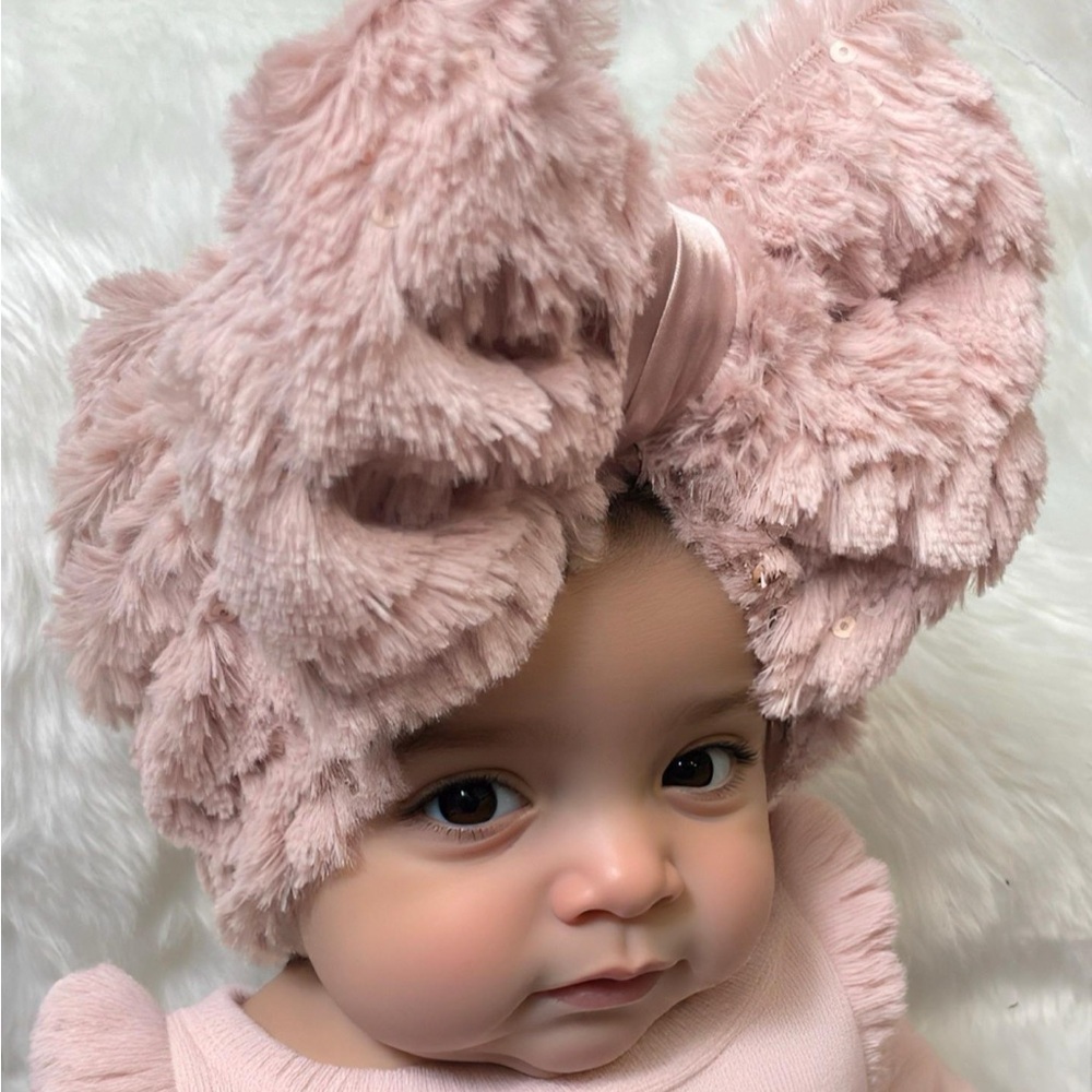 Baby Winter Turban Hat with Oversized Textured Bow faux fur soft hat